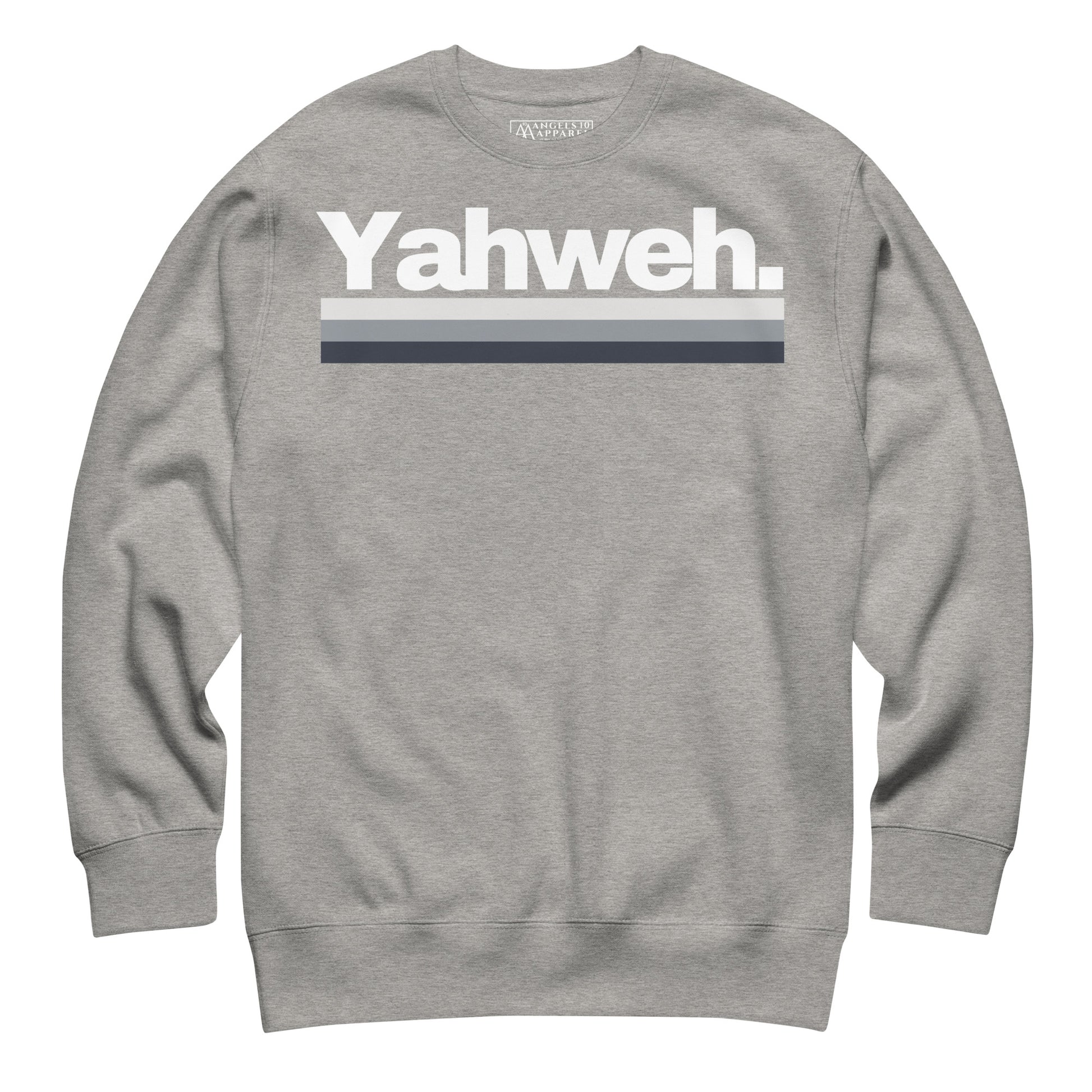 YHWH Unisex Premium Crewneck Sweatshirt front view featuring 'Yahweh.' print in gray. This stylish sweatshirt reflects a strong christian faith and supports small businesses, crafted by a veteran-owned company.
