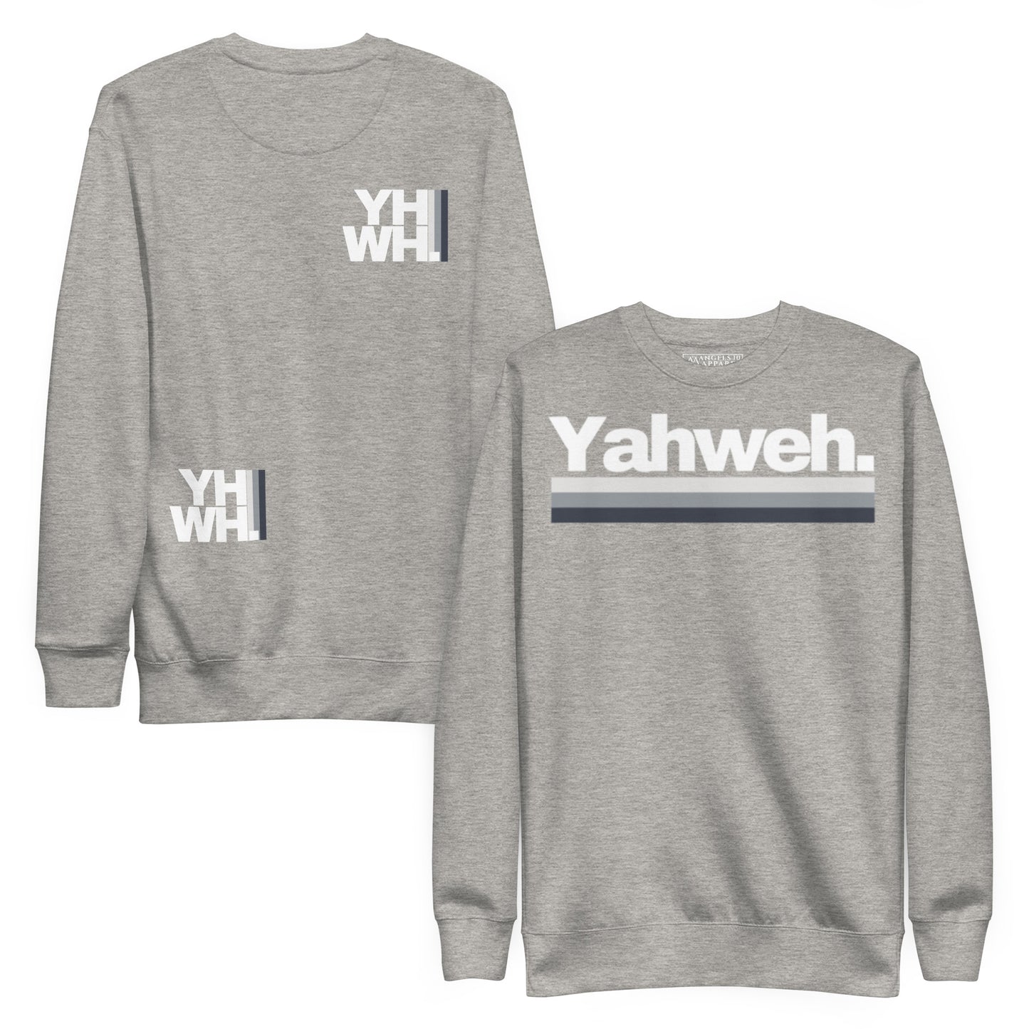 Showcasing the YHWH Unisex Premium Crewneck Sweatshirt, a stylish and comfortable piece made from soft midweight fleece. This sweatshirt features minimalist YHWH branding, perfect for expressing faith and support for a veteran-owned small business.