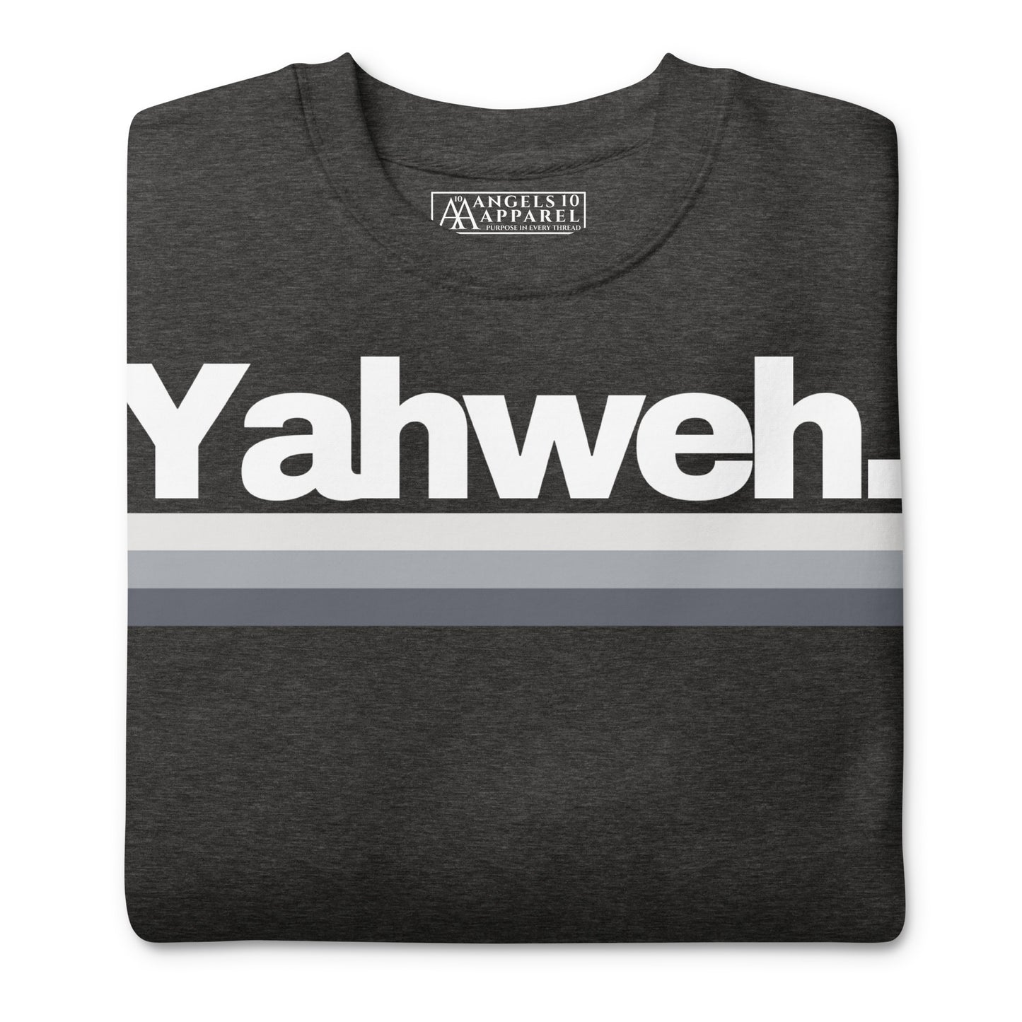 YHWH Unisex Premium Crewneck Sweatshirt folded in dark gray, displaying the 'Yahweh.' print. A great way to express your faith stylishly while supporting a veteran-owned small business.
