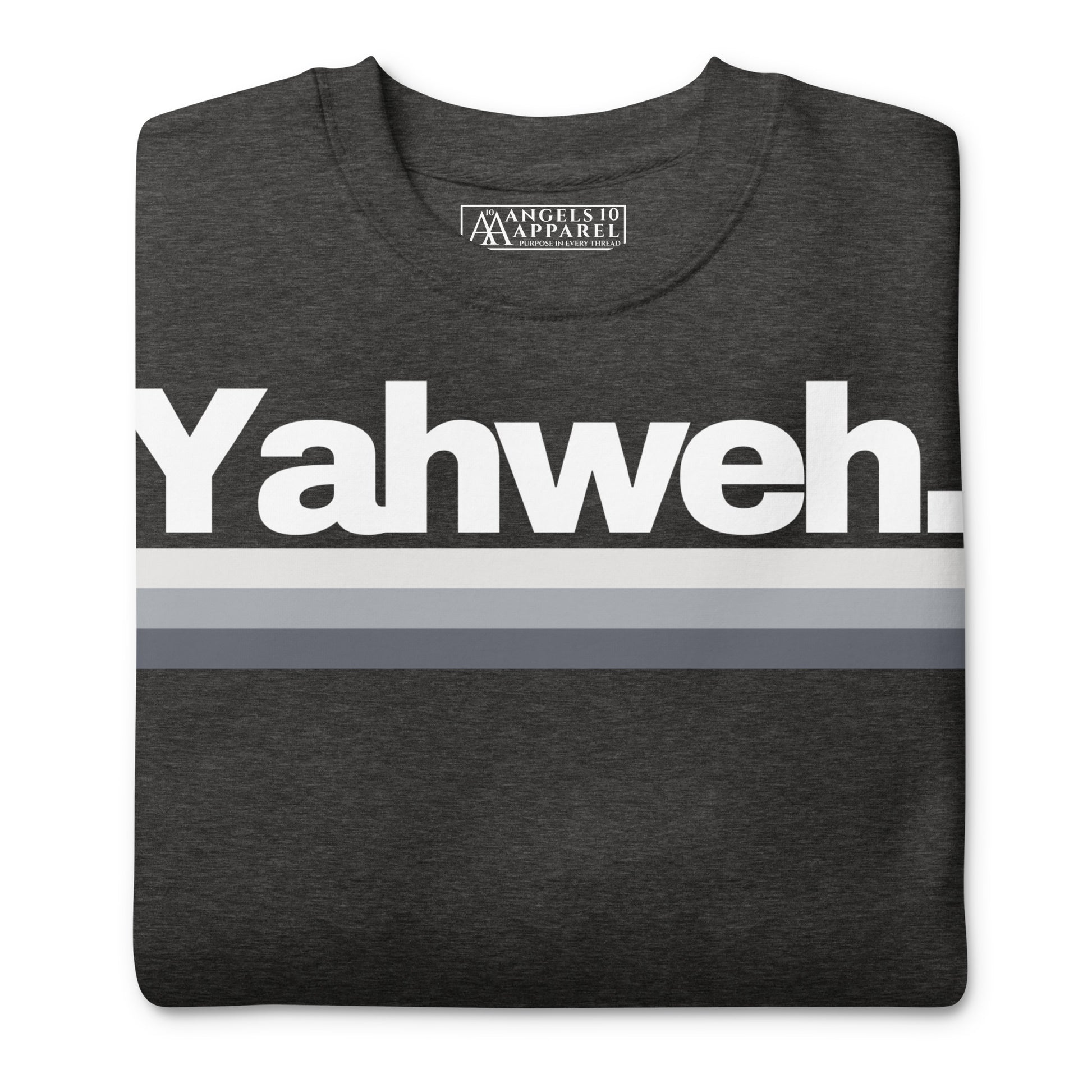 YHWH Unisex Premium Crewneck Sweatshirt folded in dark gray, displaying the 'Yahweh.' print. A great way to express your faith stylishly while supporting a veteran-owned small business.