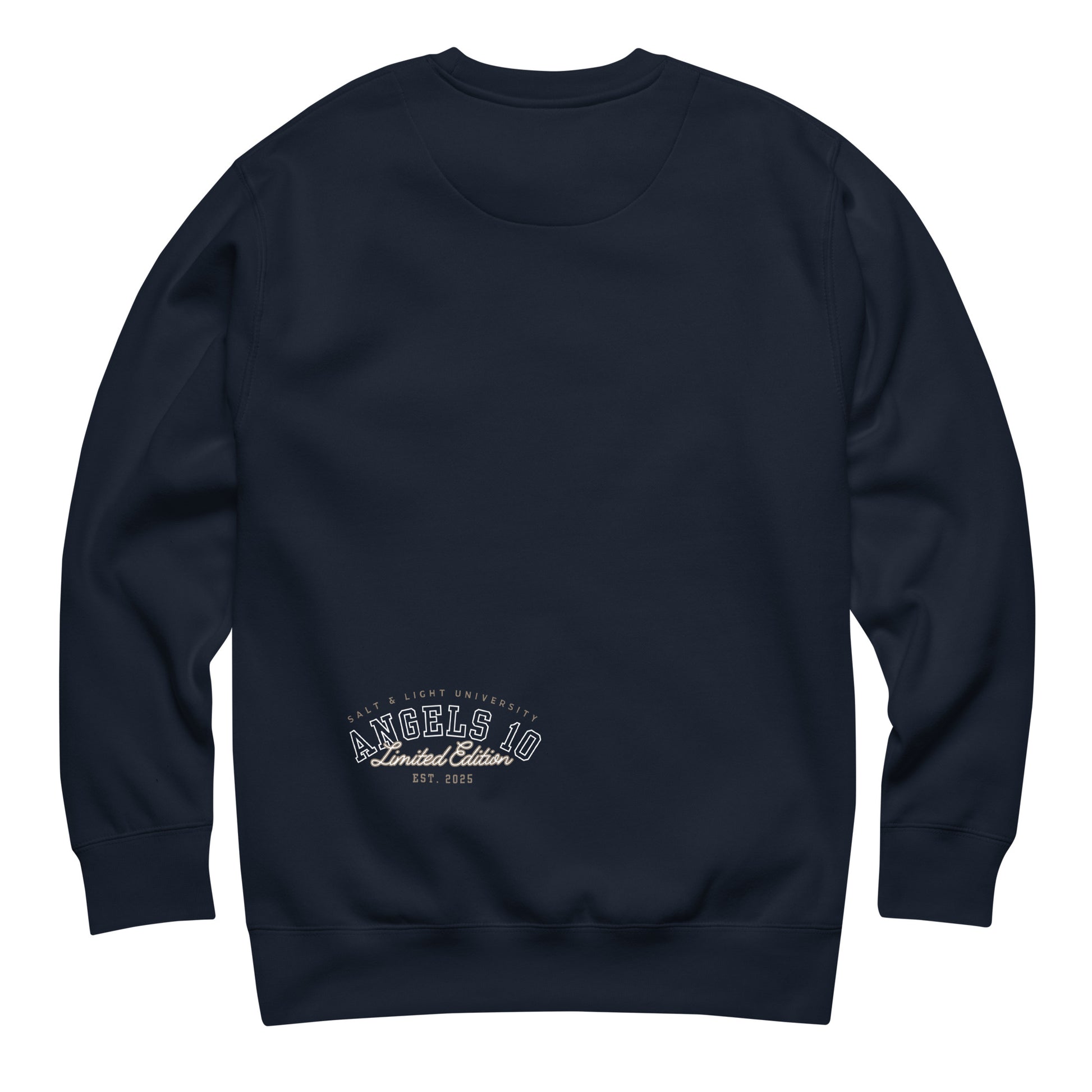 Back view of the navy Salt & Light Unisex Premium Sweatshirt for Christian Discipleship, with ANGELS 10 Limited Edition branding, perfect for believers who embrace faith and discipleship while inspiring others in college settings, reflecting the salt & light of the world.