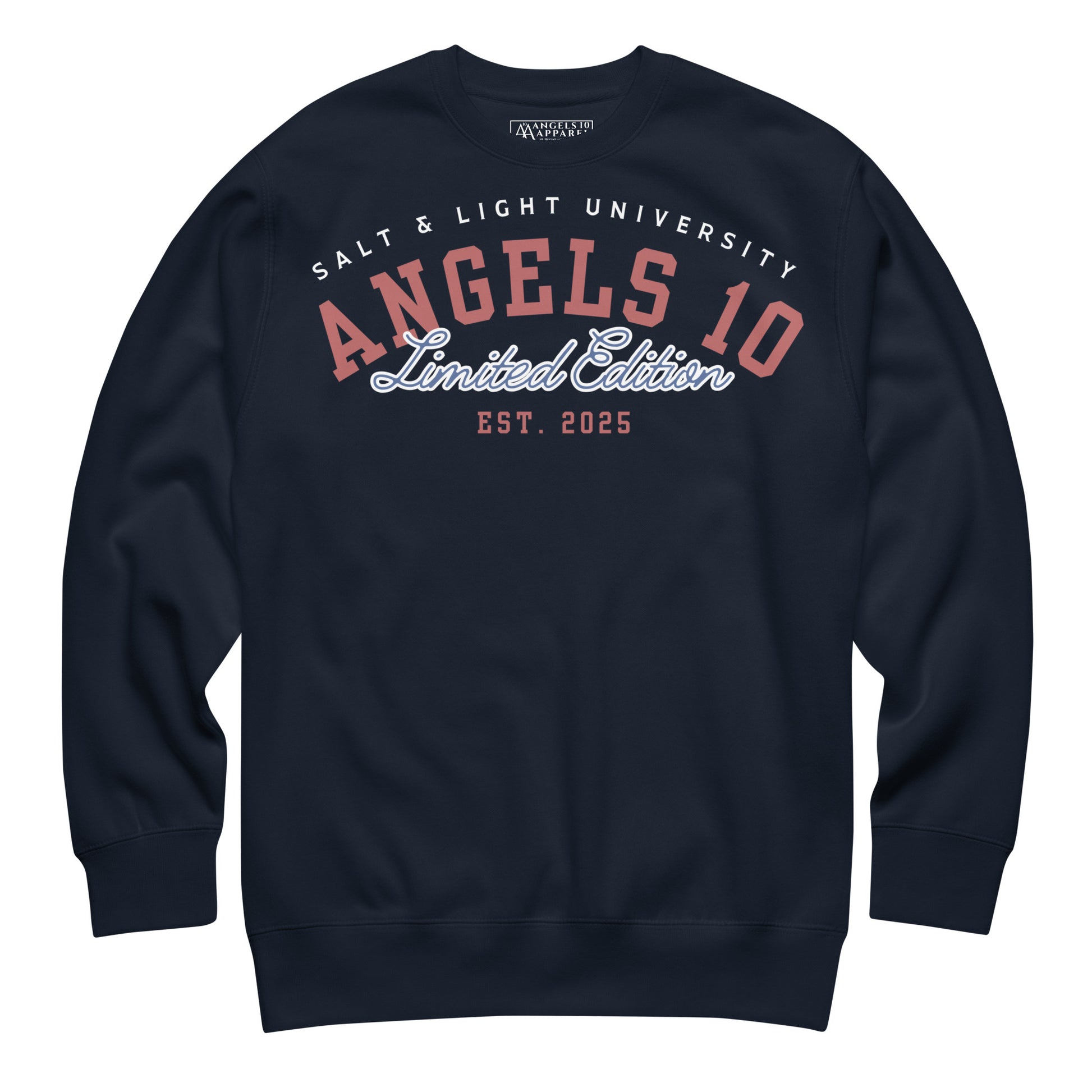 Front view of the Salt & Light Premium Unisex Sweatshirt designed for college students, representing faith and discipleship, with a stylish print that embodies the salt & light of the world.