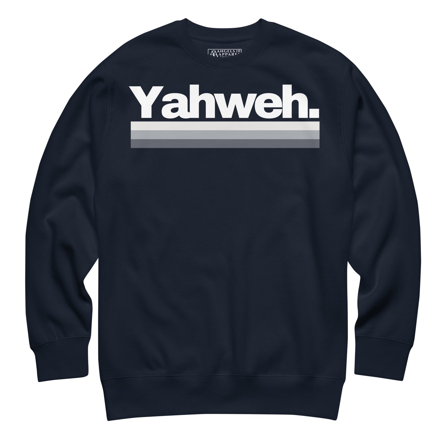 YHWH Unisex Premium Sweatshirt showcasing a minimalist design in navy blue color, perfect for clean and stylish daily wear. Ideal for those who want to express their faith confidently and comfortably while supporting a veteran-owned small business.