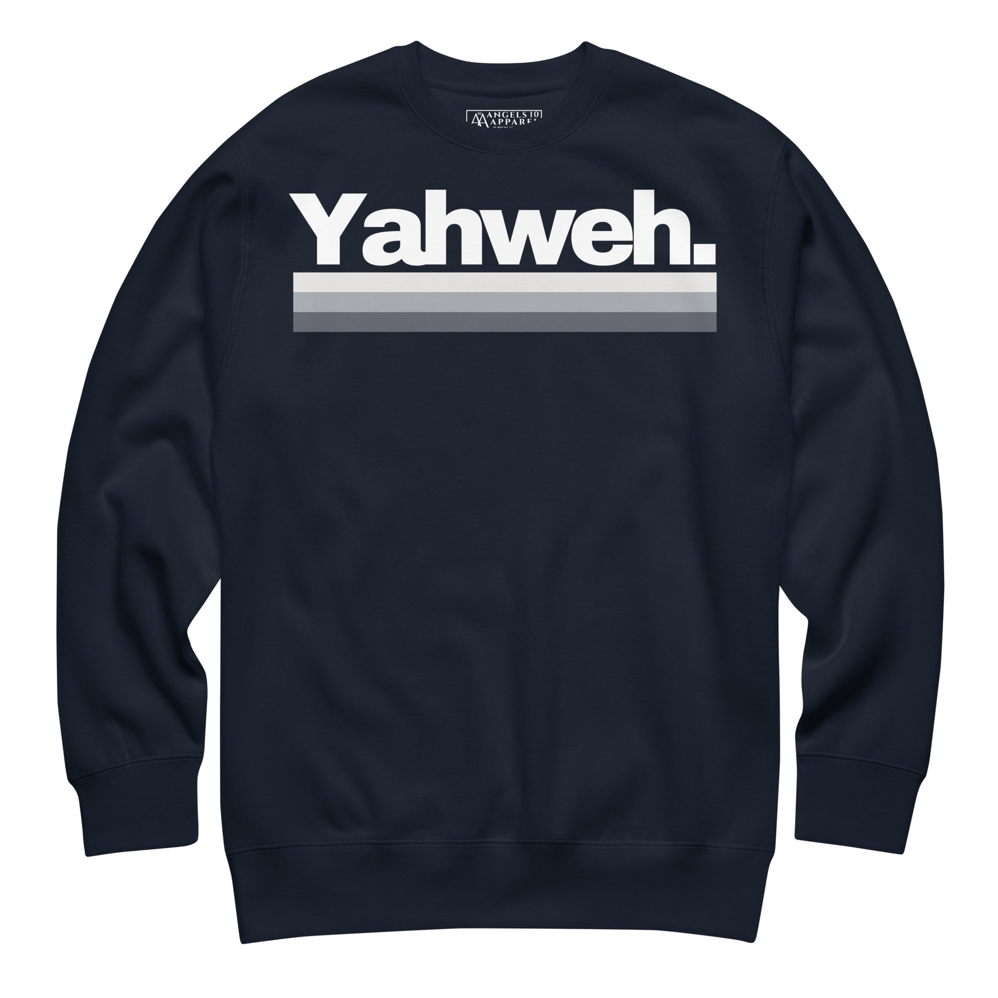 YHWH Unisex Premium Sweatshirt showcasing a minimalist design in navy blue color, perfect for clean and stylish daily wear. Ideal for those who want to express their faith confidently and comfortably while supporting a veteran-owned small business.