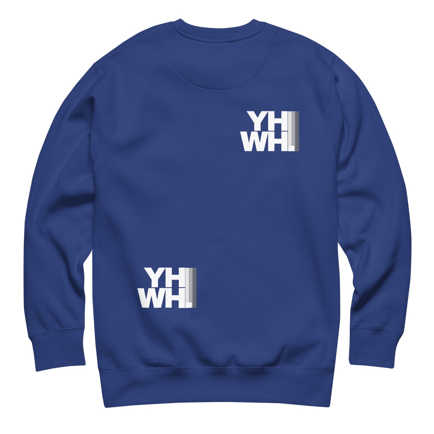 Back of the YHWH Unisex Premium Crewneck Sweatshirt featuring a distinctive design, perfect for layering. A stylish way to express your faith. Support this veteran-owned small business.
