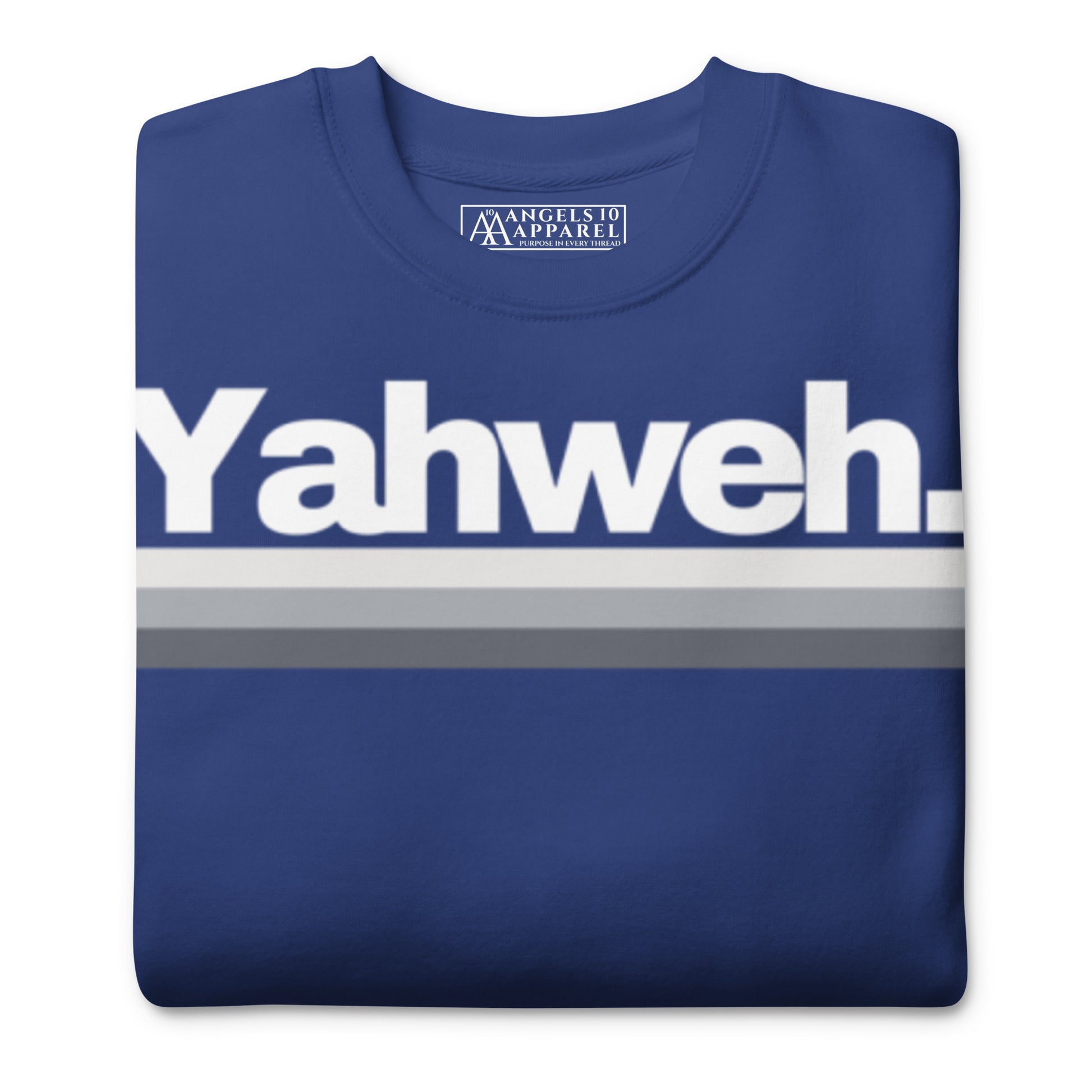 YHWH Unisex Premium Crewneck Sweatshirt featuring a stylish 'Yahweh' design in blue, perfect for expressing your faith and style. Ideal for those who support veteran-owned small businesses.