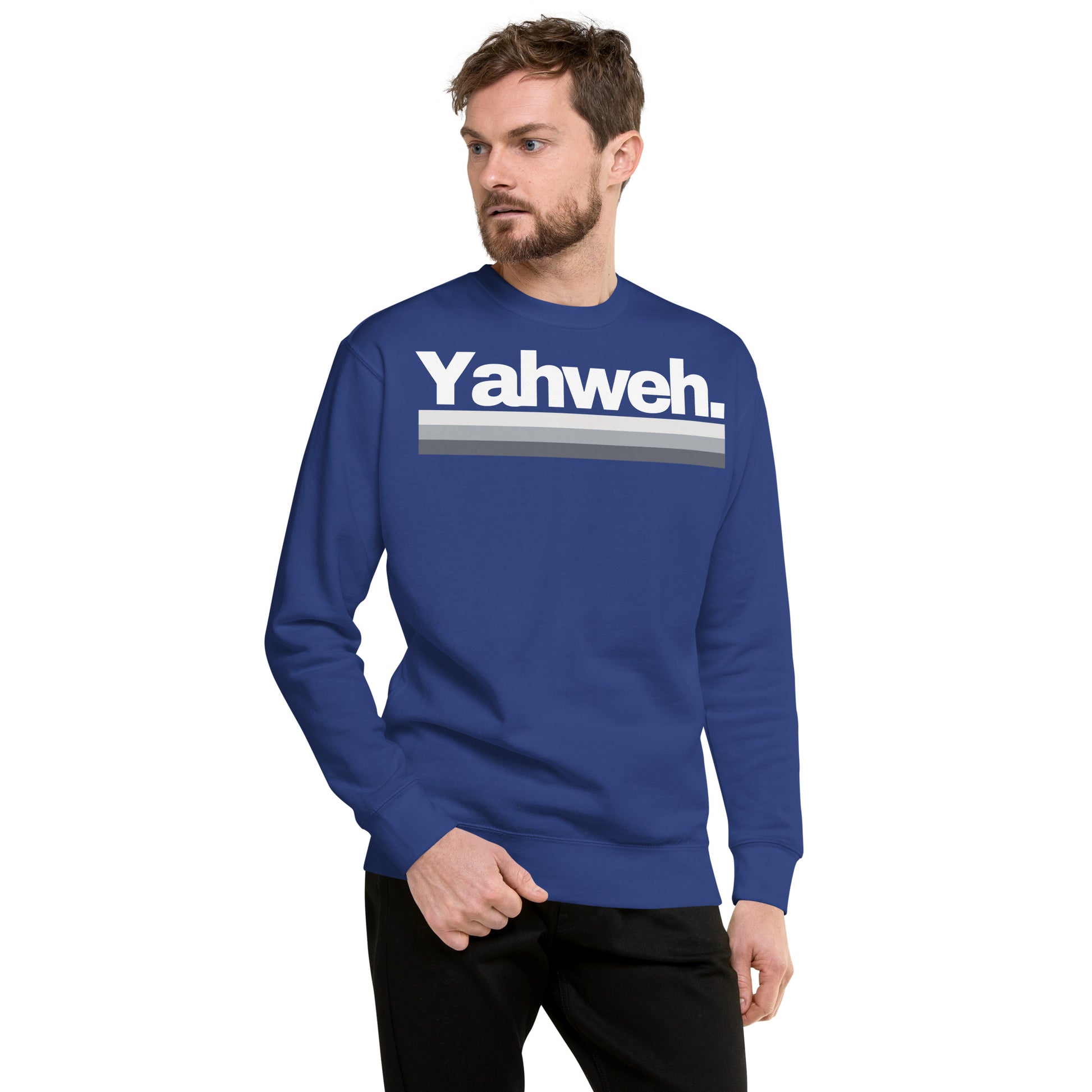 YHWH Unisex Premium Crewneck Sweatshirt in blue with minimalist design, perfect for expressing your faith and style. Support a veteran-owned small business.