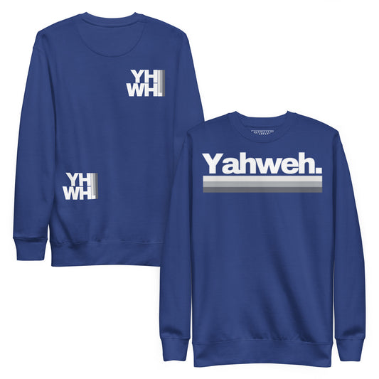 YHWH Unisex Premium Crewneck Sweatshirt in blue featuring minimalist design and soft midweight fleece. Perfect for expressing your beliefs with style, this sweatshirt represents christian faith and is proudly made by a veteran-owned small business. Support quality apparel that combines comfort and conviction.
