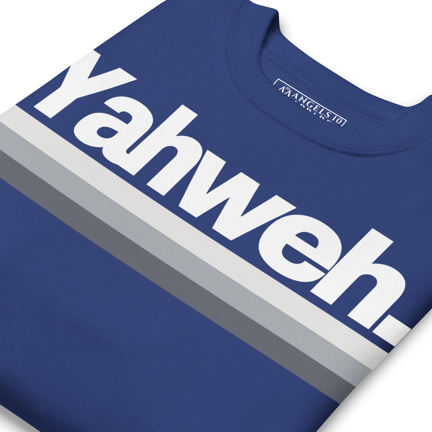 Close-up of the YHWH Unisex Premium Crewneck Sweatshirt showcasing the modern 'Yahweh' print in blue, blending comfort with a statement of faith. Embrace your style and support a veteran-owned small business.