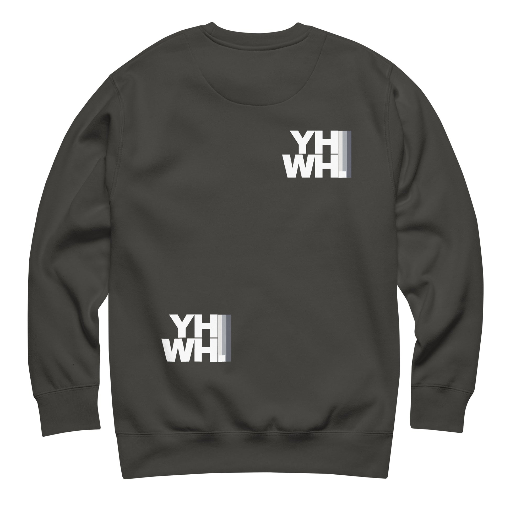 The back view of the YHWH Unisex Premium Crewneck Sweatshirt, highlighting its relaxed fit and soft fabric. A great addition for those seeking a blend of style and comfort while supporting a small business rooted in Christian faith.