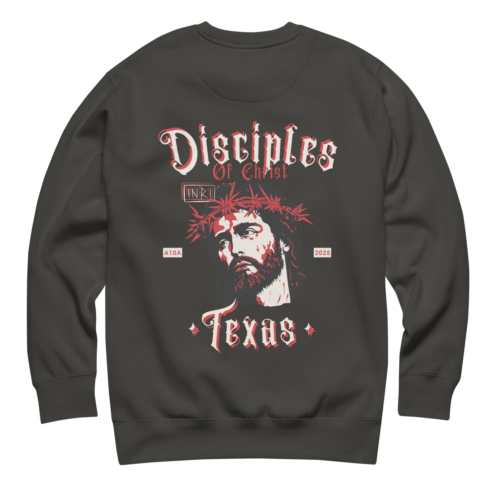 Disciples of Christ Christian Premium Sweatshirt by ANGELS 10 APPAREL LLC in a deep gray shade, featuring unique designs ideal for Christian Apparel, Faith-Based Clothing, and Texas Bikers.