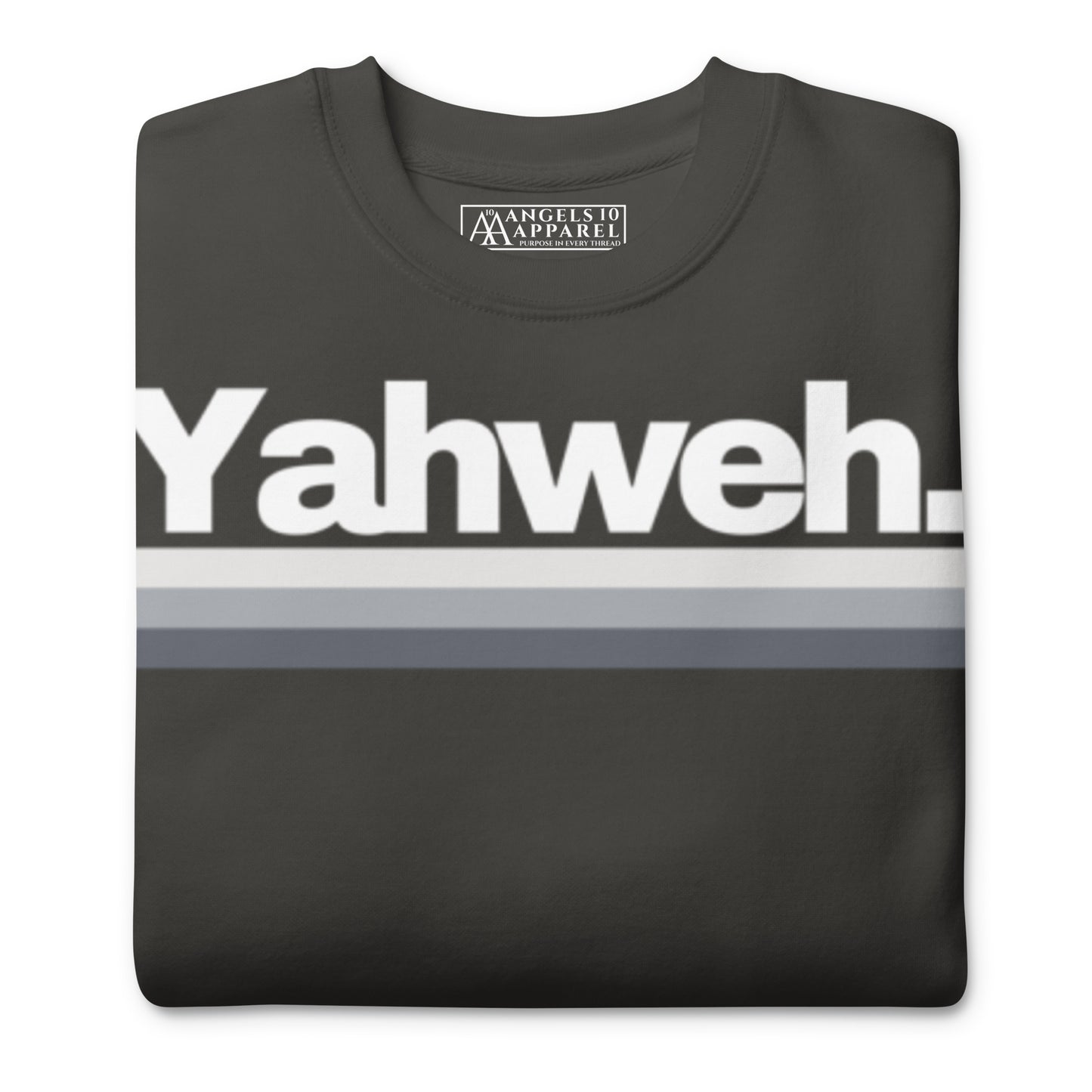 YHWH Unisex Premium Crewneck Sweatshirt in dark gray with a contemporary 'Yahweh' logo, a great representation of style and christian faith. Shop local and support a veteran-owned small business!