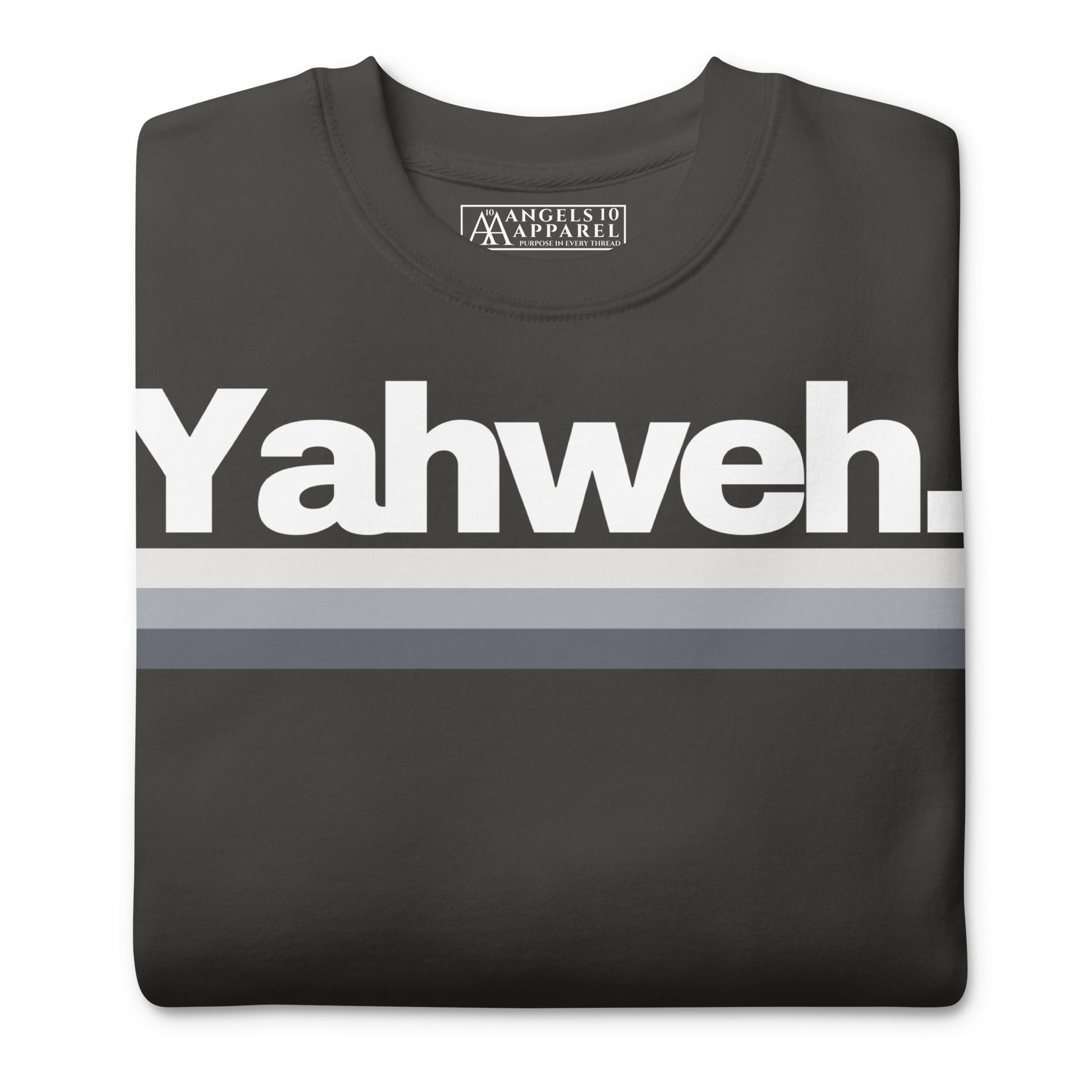 Folded YHWH Unisex Premium Crewneck Sweatshirt displaying elegant YHWH branding. Ideal for casual outings or cozy days at home, this sweatshirt represents faith and style, proudly made by a veteran-owned small business.