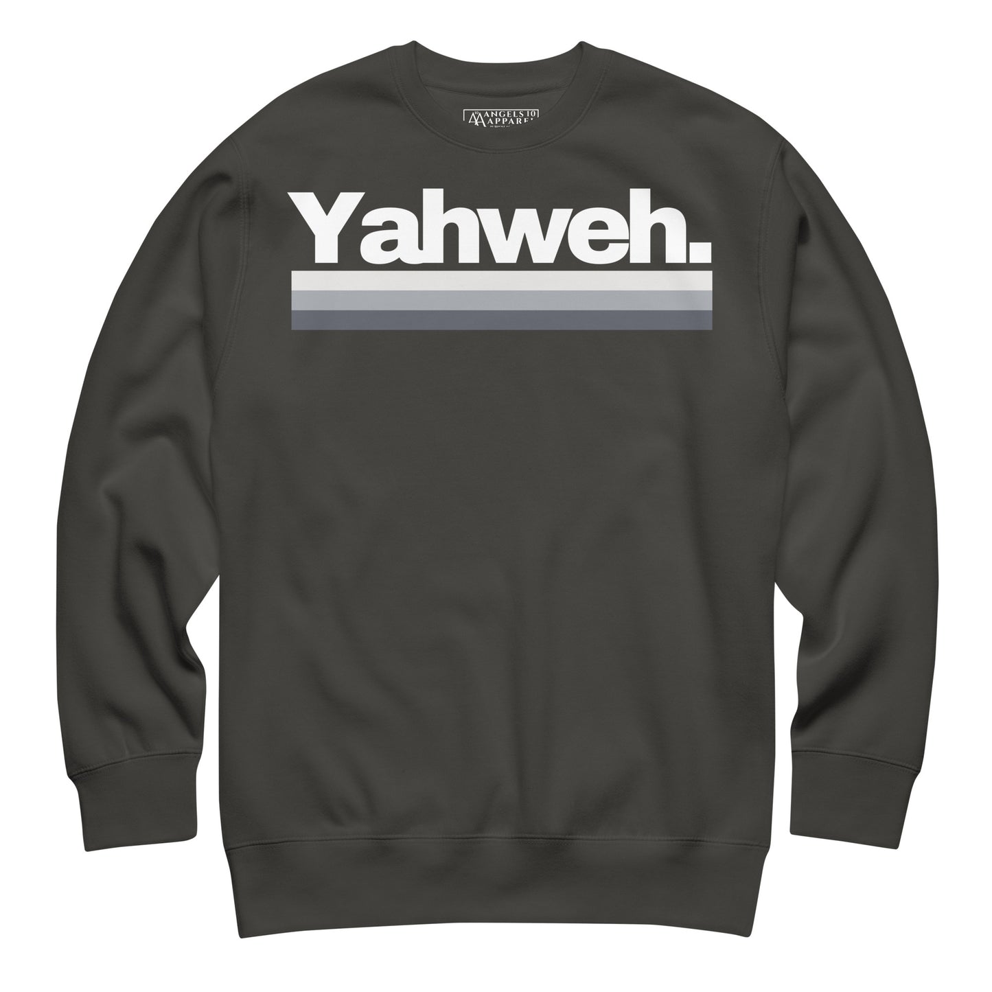 Front view of the YHWH Unisex Premium Crewneck Sweatshirt featuring bold YHWH lettering. Combining comfort and minimalism, this piece is perfect for individuals looking to express their Christian values while supporting veteran-owned small businesses.