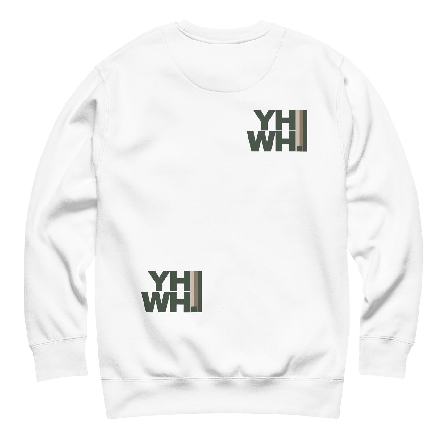 Back view of Unisex YHWH Premium Sweatshirt in white showcasing discreet YHWH emblems. Ideal for expressing beliefs stylishly. Christian, faith, veteran owned, style, small business, support.