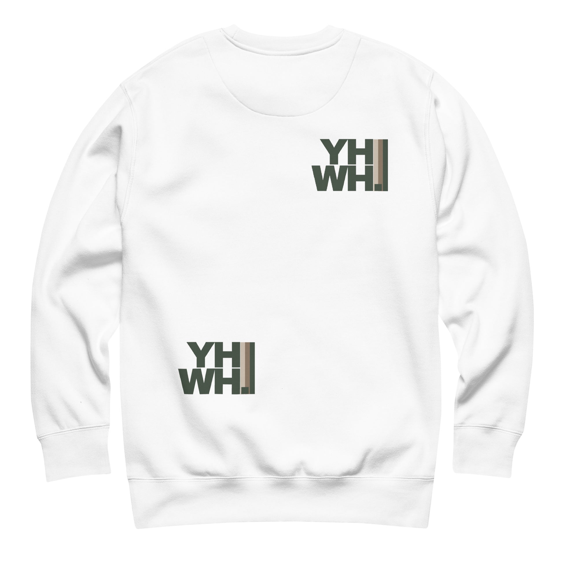 Back view of Unisex YHWH Premium Sweatshirt in white showcasing discreet YHWH emblems. Ideal for expressing beliefs stylishly. Christian, faith, veteran owned, style, small business, support.