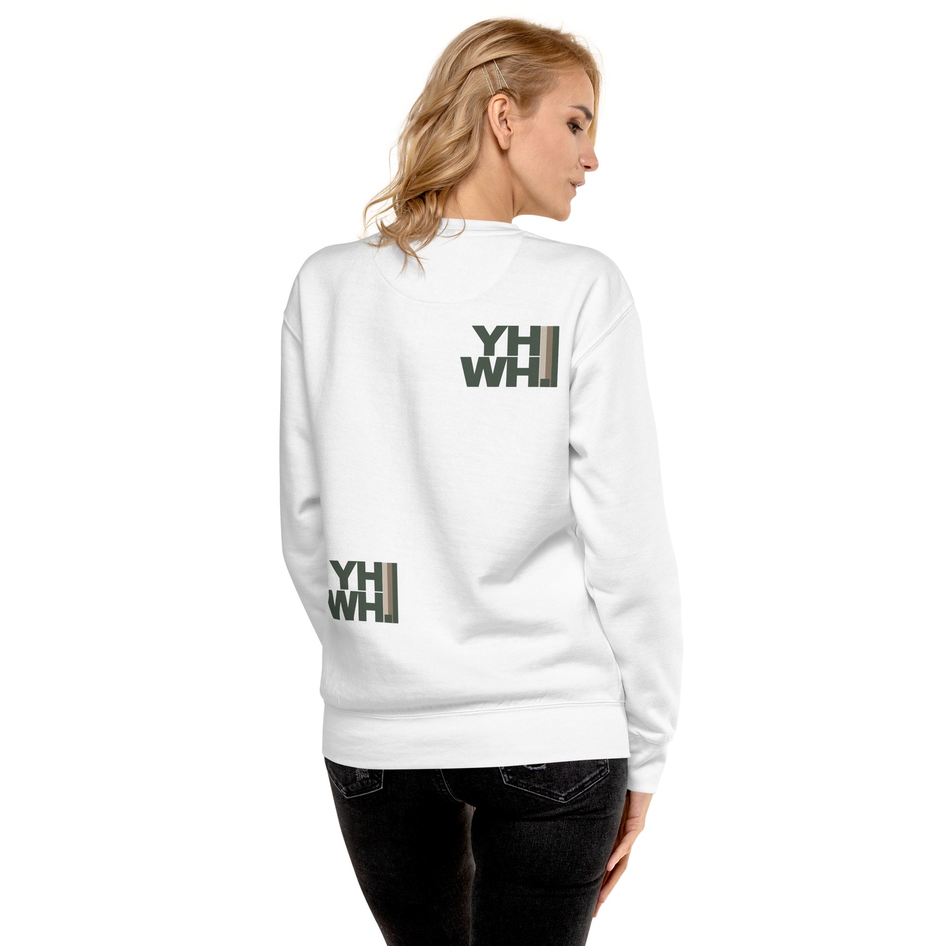 Back view of a woman wearing the Unisex YHWH Premium Sweatshirt, showcasing its minimalist design and relaxed fit. Perfect for expressing your christian faith with style, supporting a veteran-owned small business.