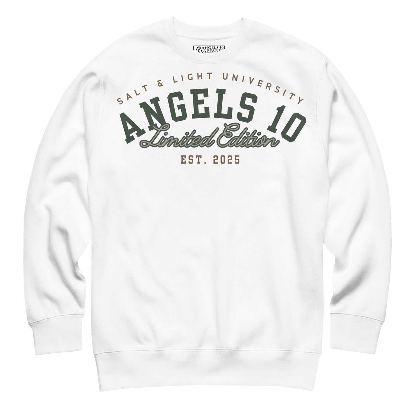Front view of the Salt & Light of the World Unisex Premium Sweatshirt featuring the text 'ANGELS 10 Limited Edition'. This stylish garment is designed for those who express their Christian values through fashion while studying at college.