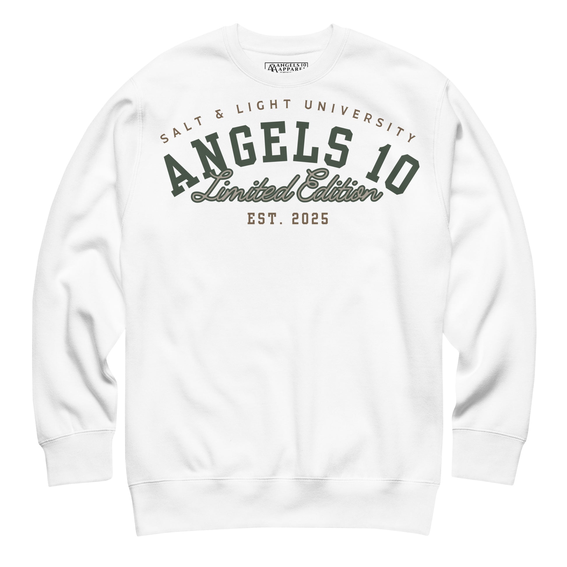 Front view of the Salt & Light of the World Unisex Premium Sweatshirt featuring the text 'ANGELS 10 Limited Edition'. This stylish garment is designed for those who express their Christian values through fashion while studying at college.