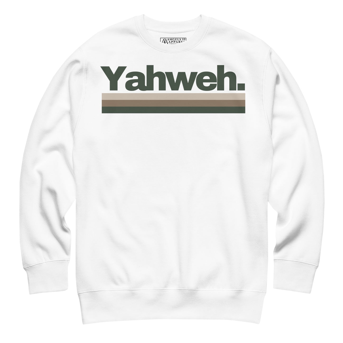 Unisex YHWH Premium Sweatshirt in white featuring minimalist Yahweh design. Perfect blend of comfort and style for those leading with intention. Christian, faith, veteran owned, style, small business, support.