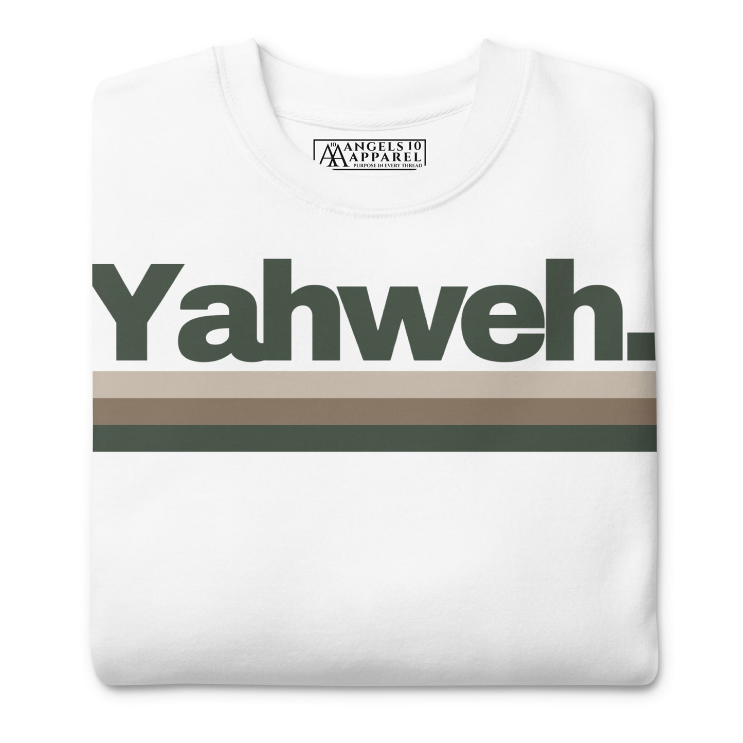 Folded Unisex YHWH Premium Sweatshirt in white, showing the 'Yahweh.' design. A soft fleece choice for those who want to wear their faith stylishly and support a veteran-owned small business.