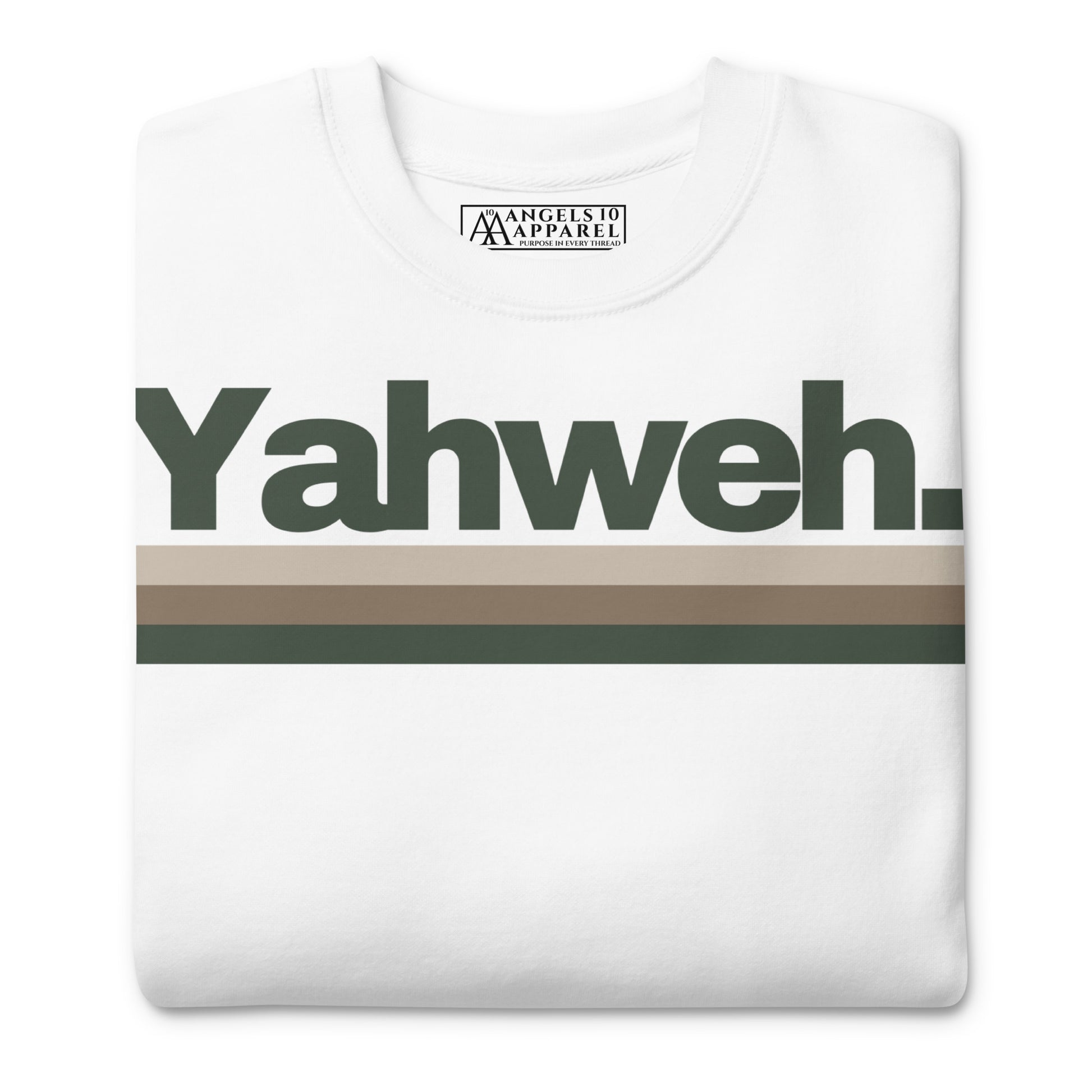Folded Unisex YHWH Premium Sweatshirt in white, showing the 'Yahweh.' design. A soft fleece choice for those who want to wear their faith stylishly and support a veteran-owned small business.