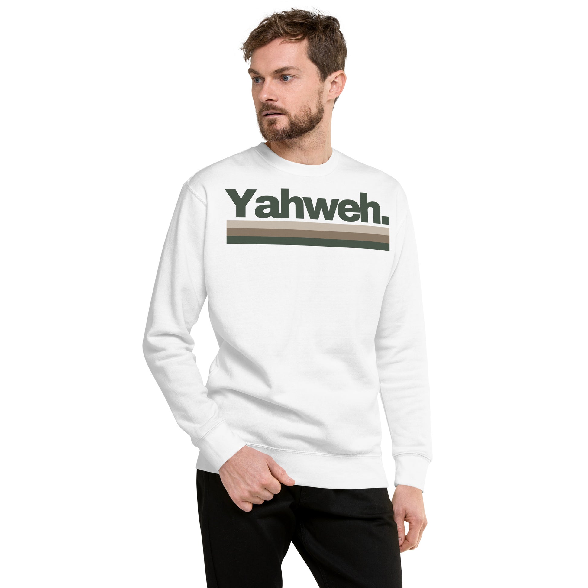 Man wearing a Unisex YHWH Premium Sweatshirt, showcasing the YHWH print in a relaxed fit, perfect for effortlessly blending faith and style. This sweatshirt from a veteran-owned small business highlights the importance of supporting local while appealing to those who lead with a sense of purpose.