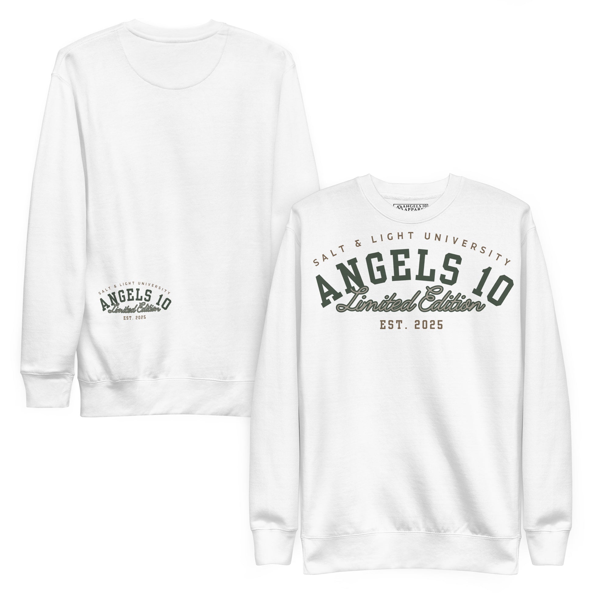 White Salt & Light of the World Unisex Premium Sweatshirt by ANGELS 10 APPAREL LLC, designed for college students to showcase their Christian values and commitment to discipleship. A trendy choice for embracing faith while staying cozy.