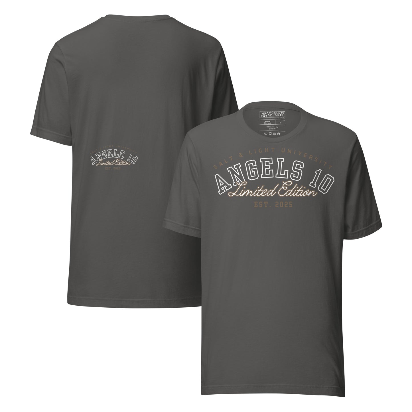 Salt & Light Premium Quality Unisex T-Shirt for Christian Discipleship & Faith in dark gray, ideal for college settings. The design promotes the essence of faith and encourages believers to shine as the salt & light of the world in their daily lives.