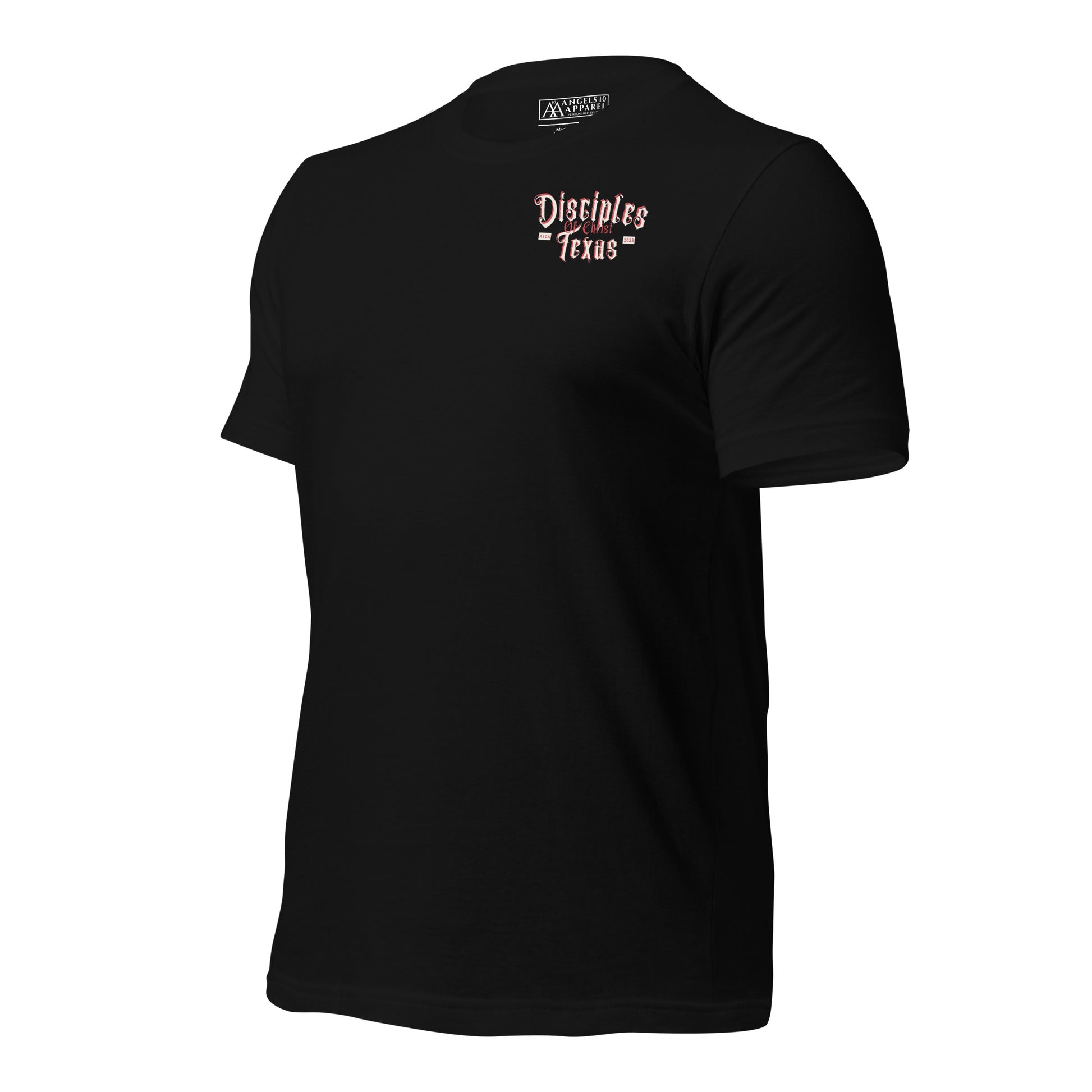 Black Disciples of Christ Christian t-shirt by ANGELS 10 APPAREL LLC in a casual pose, emphasizing the front logo. Great for enthusiasts of Christian apparel, faith-based clothing, Texas bikers, and Christian veterans.