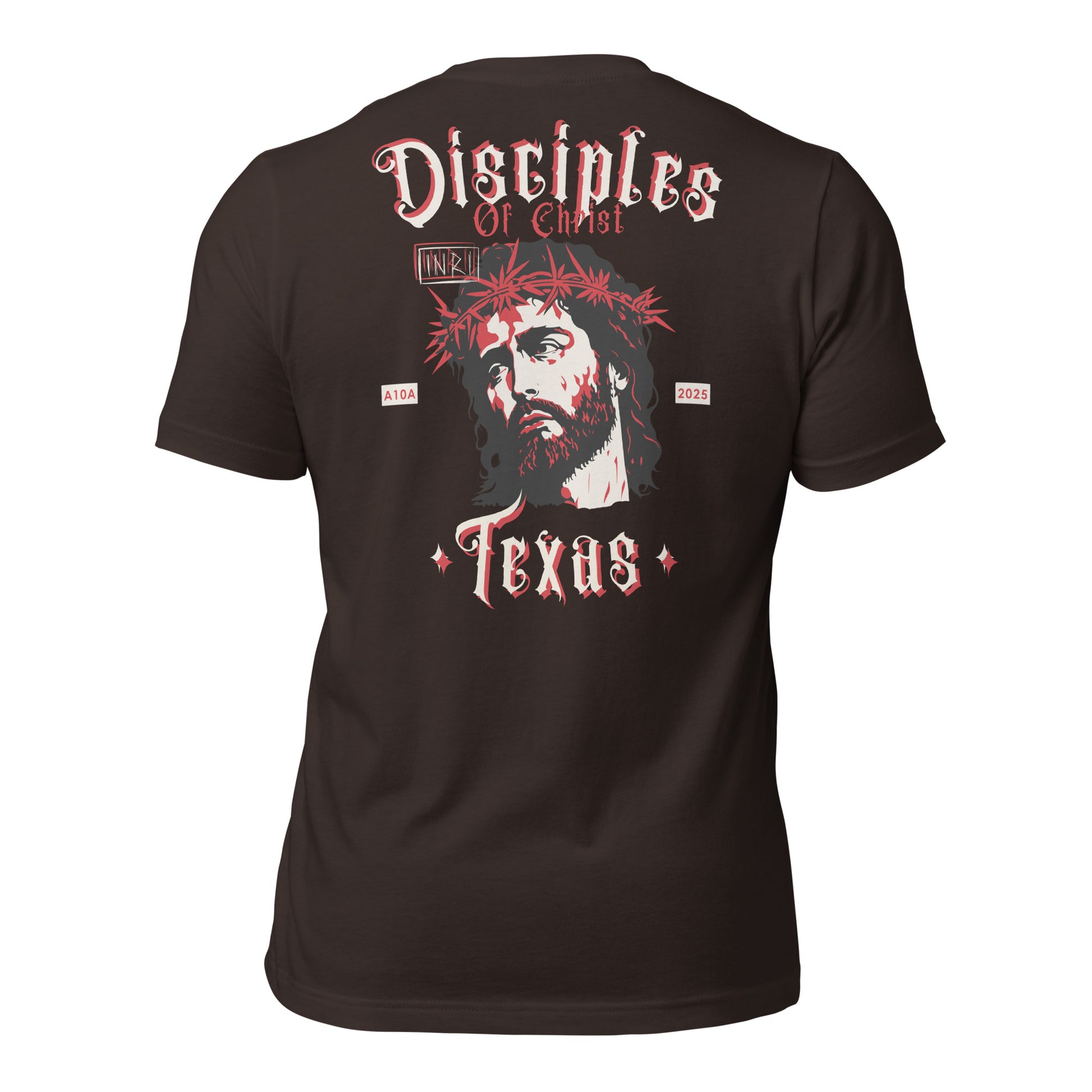 Back view of a brown Disciples of Christ Christian t-shirt by ANGELS 10 APPAREL LLC, featuring a detailed design of Jesus. Ideal for lovers of Christian apparel, faith-based clothing, Texas bikers, and Christian veterans.