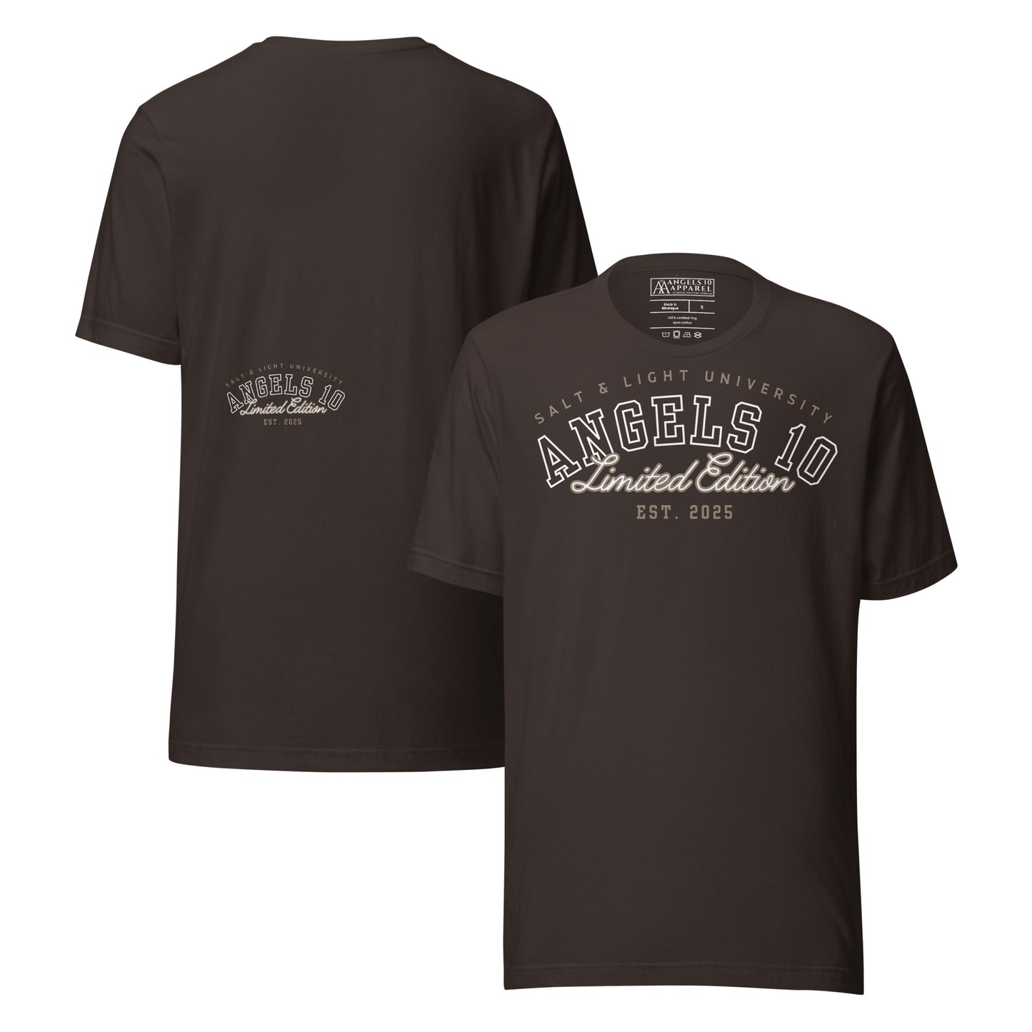 Salt & Light Premium Quality Unisex T-Shirt in dark brown, perfect for college wear, reflecting Christian faith and discipleship, showcasing your belief as the salt & light of the world.