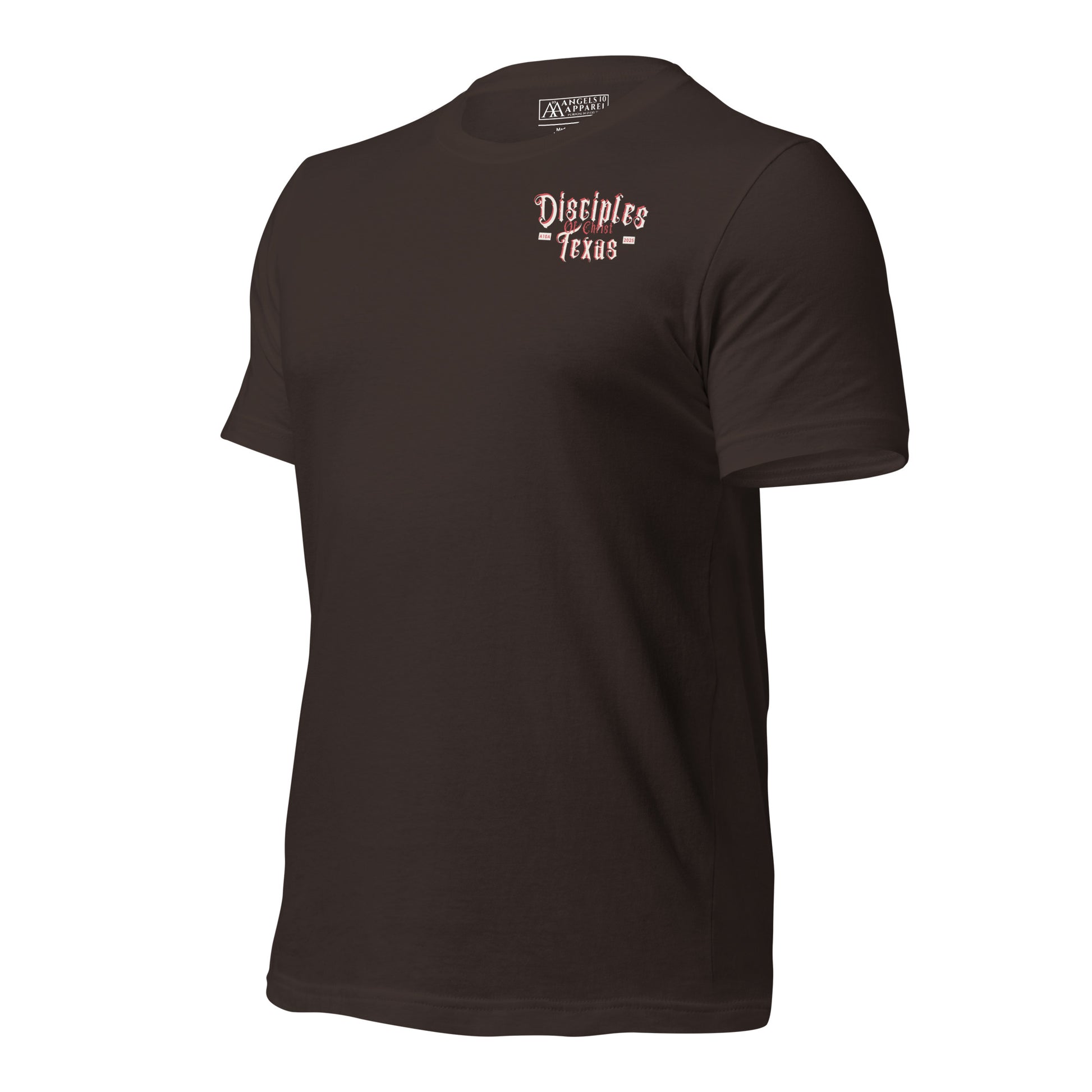 Side view of a brown Disciples of Christ Christian t-shirt by ANGELS 10 APPAREL LLC, showcasing a sleek fit. Perfect for those into Christian apparel, faith-based clothing, Texas bikers, and Christian veterans.