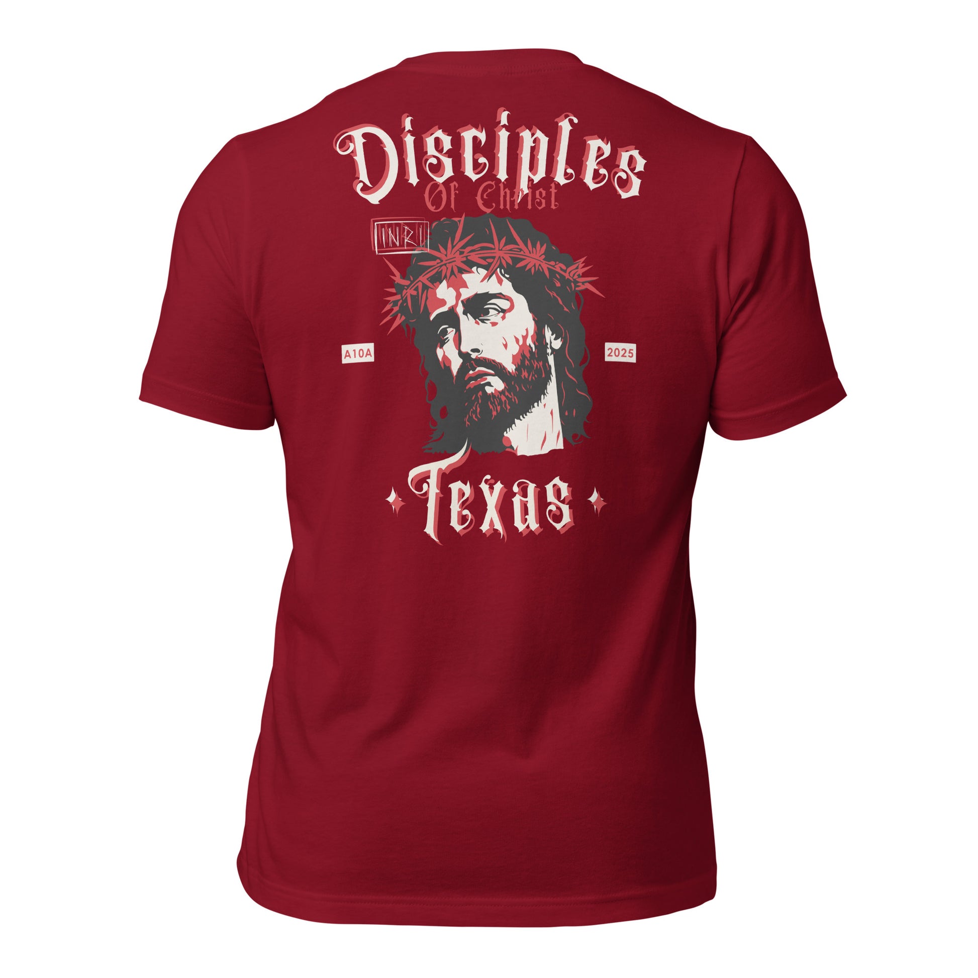 The back view of a red Disciples of Christ Christian t-shirt by ANGELS 10 APPAREL LLC, emphasizing a bold design featuring Jesus. Ideal for fans of Christian apparel, faith-based clothing, Texas bikers, and Christian veterans.