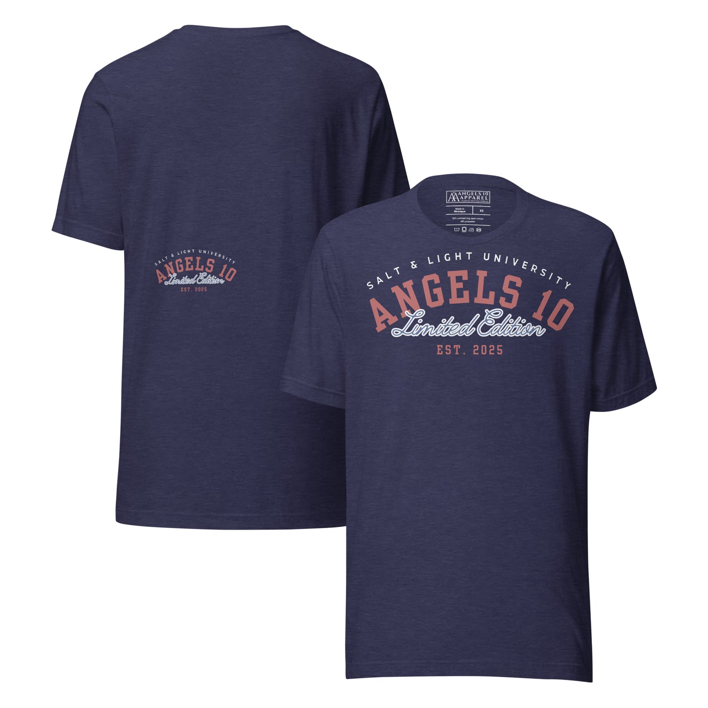 Front and back view of the Salt & Light Unisex T-Shirt by ANGELS 10 APPAREL LLC, crafted for comfort and style. A go-to choice for those passionate about Christian faith and discipleship while embracing the role of the salt & light of the world in college settings.