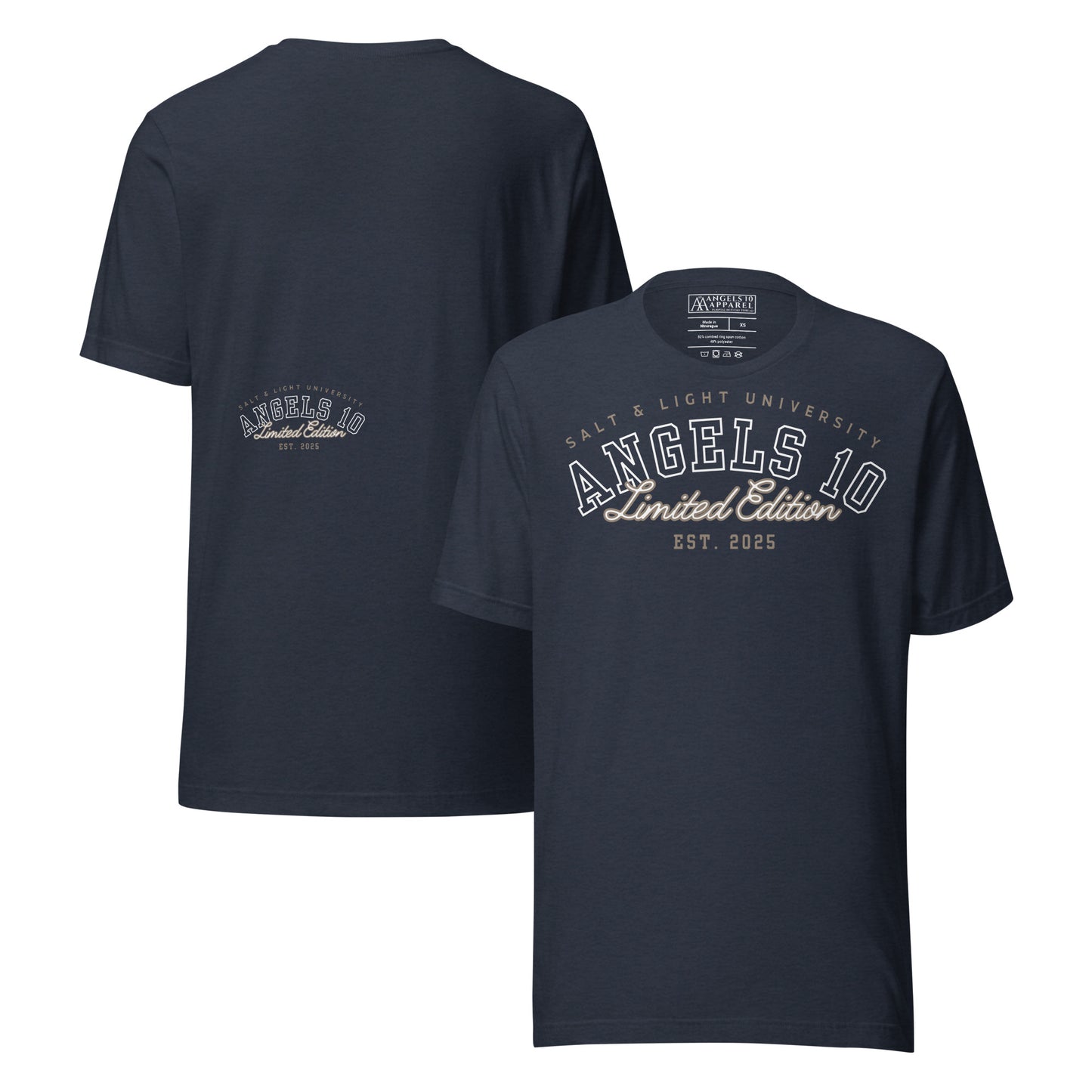 Salt & Light Premium Quality Unisex T-Shirt in navy blue, featuring a contemporary design for college wear, expressing Christian faith and discipleship as you shine as the salt & light of the world.