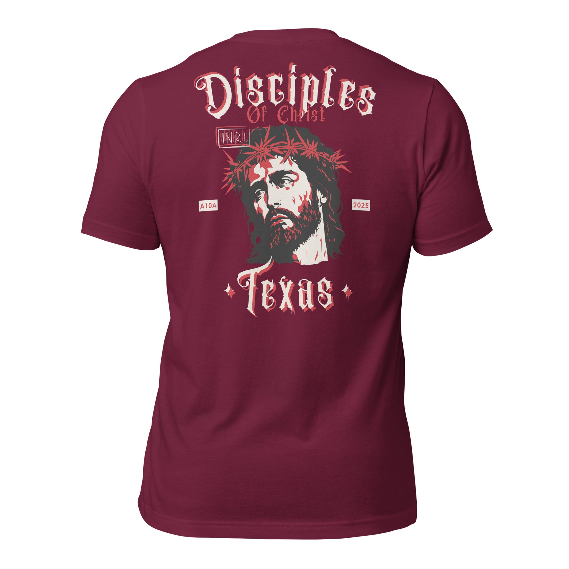 The back view of a maroon Disciples of Christ Christian t-shirt by ANGELS 10 APPAREL LLC, highlighting a striking image of Jesus. A must-have for fans of Christian apparel, faith-based clothing, Texas bikers, and Christian veterans.