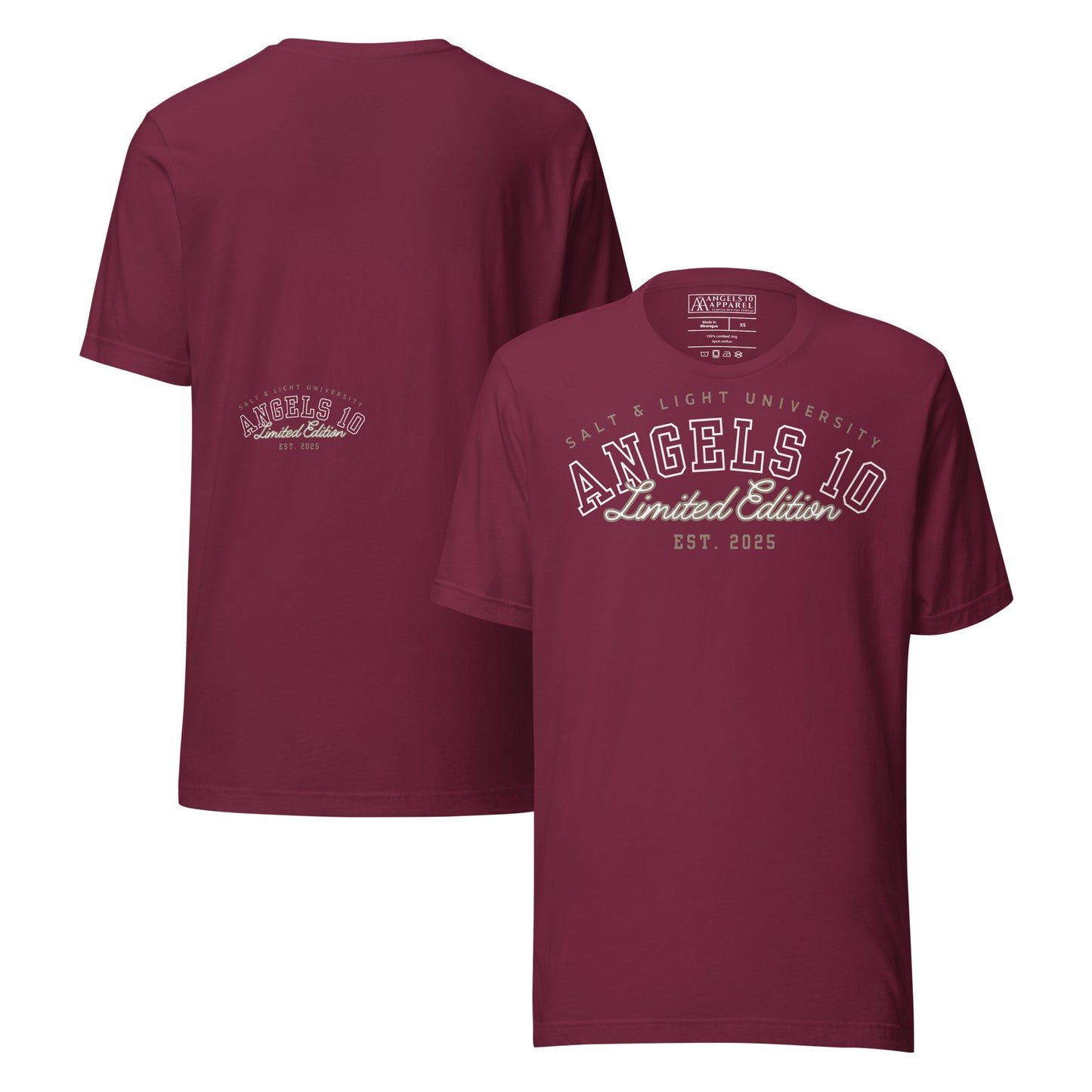 Salt & Light Premium Quality Unisex T-Shirt in maroon, a stylish option for college wear, representing Christian faith and discipleship, encouraging you to be the salt & light of the world.