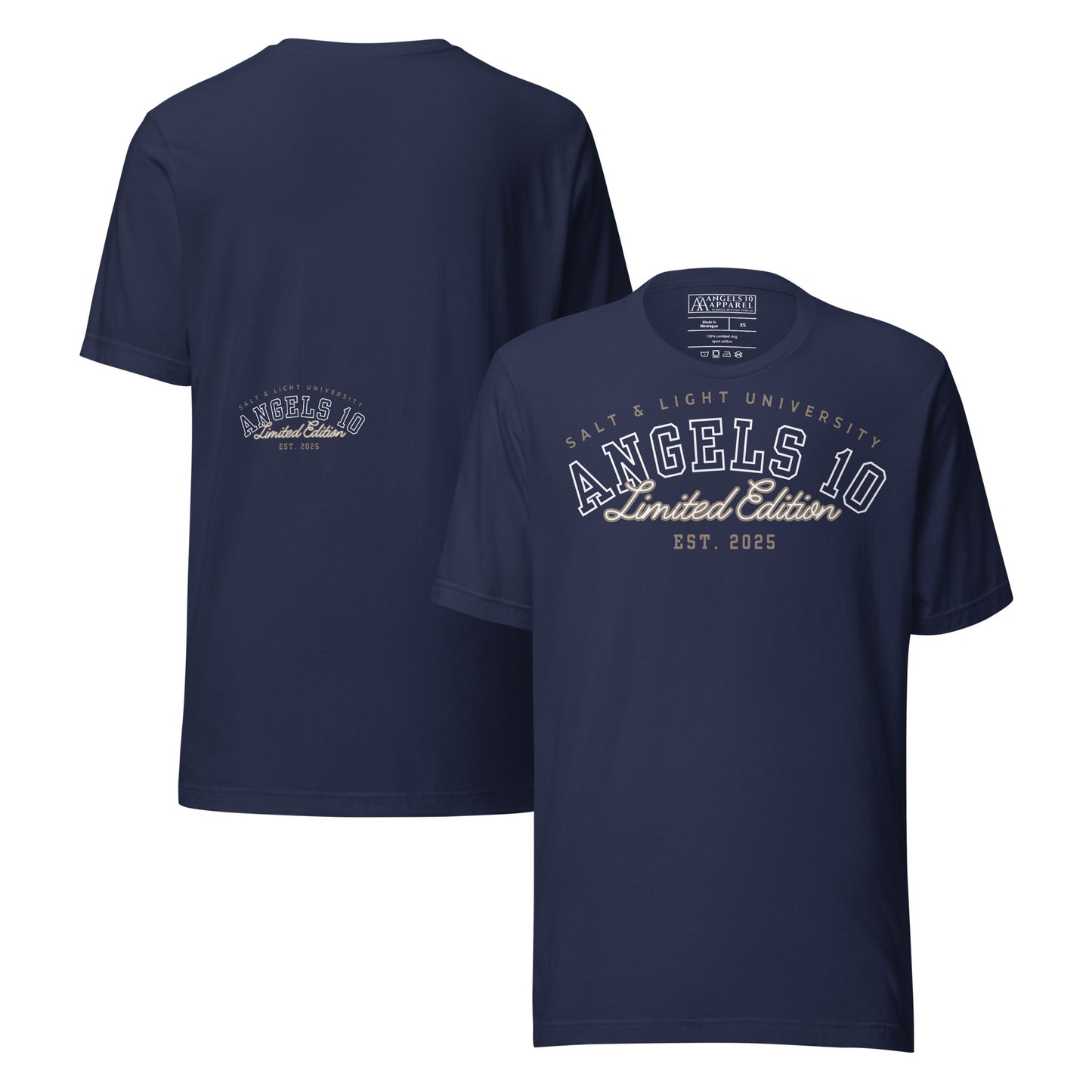Salt & Light Premium Quality Unisex T-Shirt for Christian Discipleship & Faith - College Wear, in a vibrant navy shade, styled for those eager to showcase their Christian faith and live a life of discipleship, embodying the spirit of being the salt & light of the world on campus.