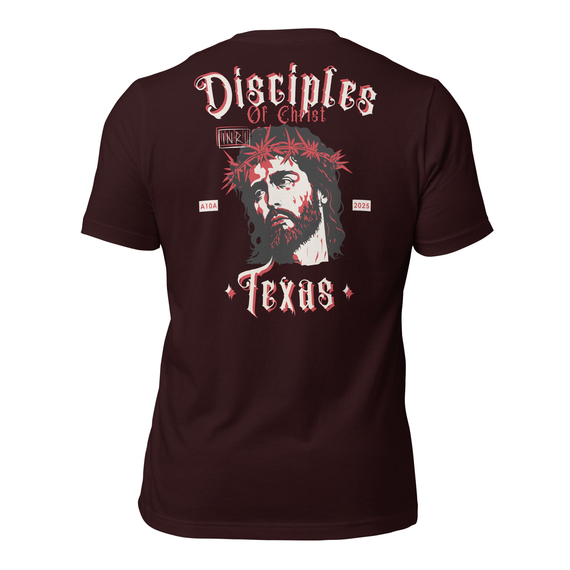 The back view of a maroon Disciples of Christ Christian t-shirt by ANGELS 10 APPAREL LLC, showcasing a striking design. Great for enthusiasts of Christian apparel, faith-based clothing, Texas bikers, and Christian veterans.